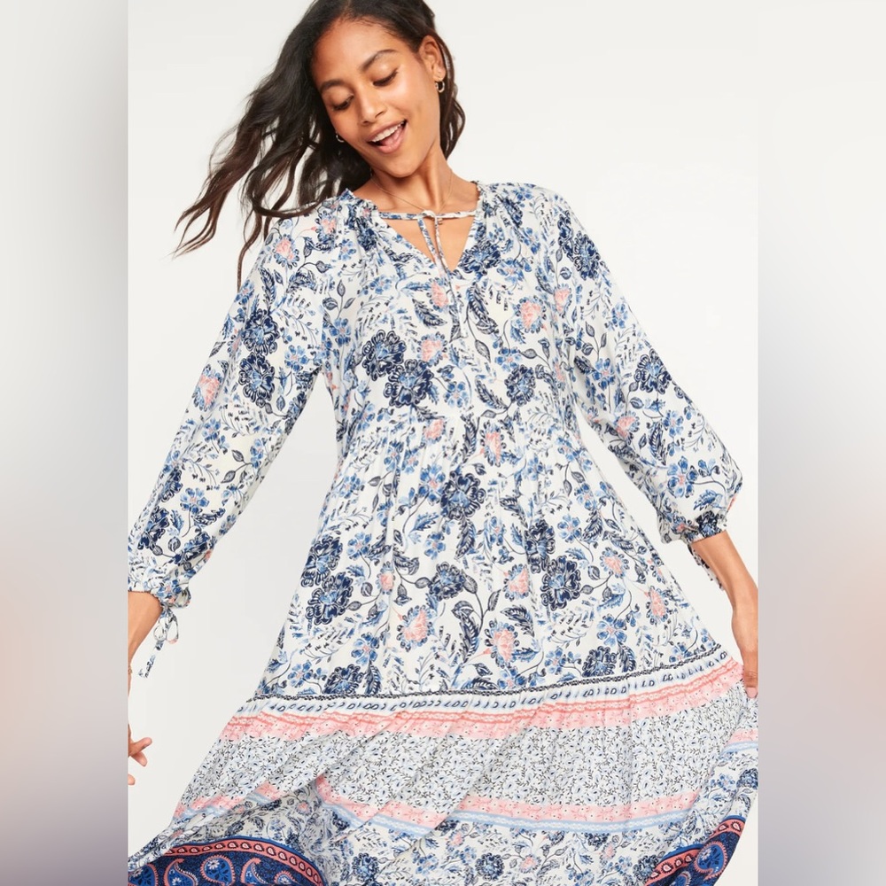 NWOT Old Navy Long-sleeve Tie-neck Poet Midi Mix-Print Lt Blue Floral Boho Dress